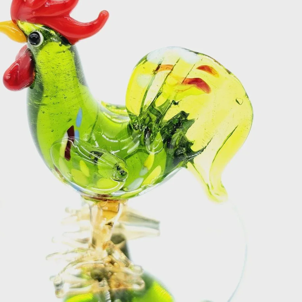 Vintage Hand Blown Art Glass Green Pulled Feather Rooster Chicken Figurine Farm